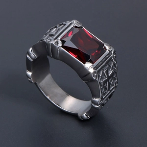 Gothic men's titanium steel ring with rectangular red gemstone and cross relief