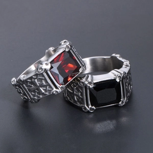 Gothic titanium steel rings with red and black gemstones and cross engraving detail