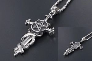 Detail view of gothic pentagram sword pendant with serpent on stainless steel chain