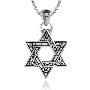 Vintage Titanium Steel Star Of David Pendant Necklace For Men Retro Carved Hexagram Religious Jewelry Polished Silver Necklace