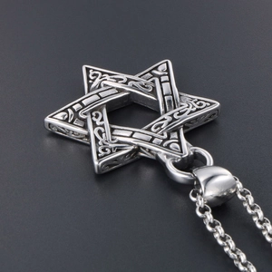 Vintage stainless steel hexagram star pendant necklace for men with engraved patterns