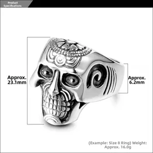 Detailed size chart of vintage gothic skull ring with precise height and width data