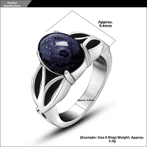 Vintage stainless steel ring detail with blue gemstone, 9.4mm width and 5.0g weight specs