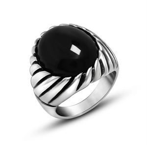 Vintage men's stainless steel ring with oval black agate stone and rope texture band