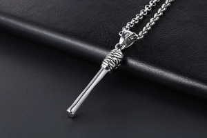 Detailed close-up of a silver baseball bat pendant with realistic grip texture and chain