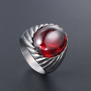 Retro titanium steel ring for men featuring a large oval red agate and textured band