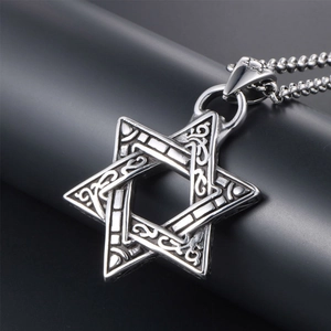 Vintage oxidized silver hexagram star pendant necklace with ornate floral engravings