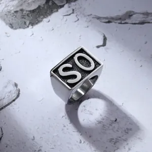 Men's titanium steel signet ring featuring a rectangular SO letter relief design