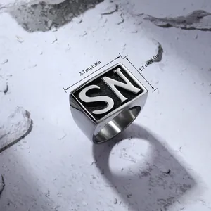 Men's rectangular stainless steel signet ring with SN letter engraving in silver finish