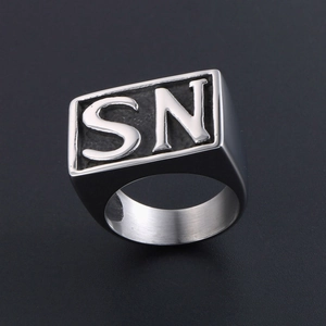 Men's silver titanium steel signet ring with engraved SN initials on rectangular face