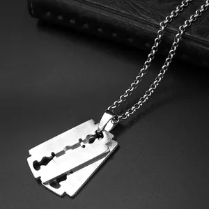 Minimalist double layer razor blade pendant necklace in polished silver stainless steel