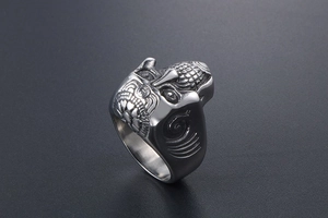 Close-up of gothic skull ring in vintage titanium steel with detailed punk carving