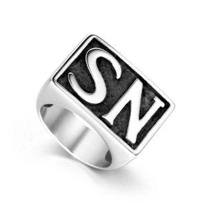 Polished stainless steel square signet ring for men featuring an engraved SN letter design