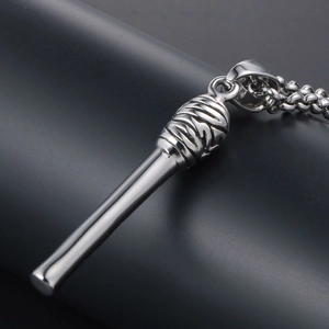 Minimalist silver stainless steel baseball bat pendant necklace with textured handle grip