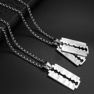 Punk style stainless steel razor blade pendant necklace with brushed metal finish for men