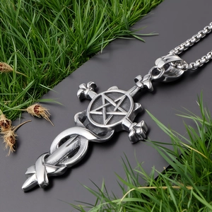 Gothic Pentagram Cross Sword Pendant Necklace For Men Stainless Steel Silver Vintage Punk Religious Jewelry Accessories