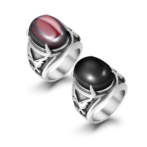 Vintage Stainless Steel Eagle Relief Ring For Men Oval Red Black Agate Inlay Punk Gothic Fashion Jewelry Finger Ring Accessory