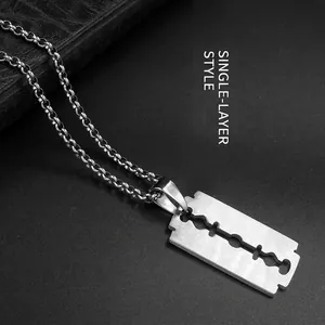 Minimalist stainless steel razor blade pendant necklace with silver link chain