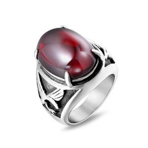 Men's retro titanium steel ring with red agate inlay and eagle relief on the sides