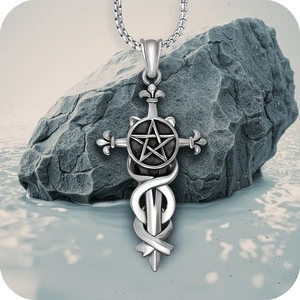 Gothic silver stainless steel cross necklace with pentagram and fleur-de-lis on box chain