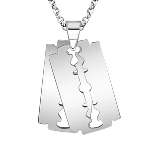 Minimalist stainless steel double razor blade pendant necklace with polished silver finish