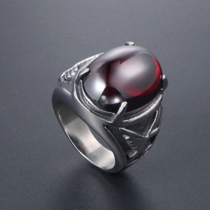 Men's titanium steel eagle ring with oval red onyx inlay and vintage embossed patterns