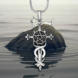 Gothic pentagram sword cross pendant necklace in silver finish with vintage steel chain