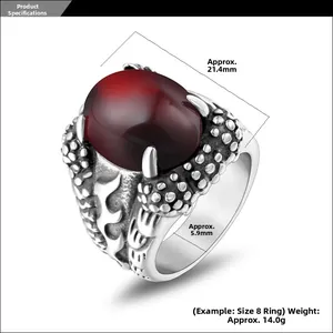 Detailed view of dragon claw ring showing a large red stone and measurement specs