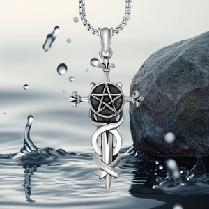 Gothic pentagram cross pendant necklace for men in silver stainless steel on rock background