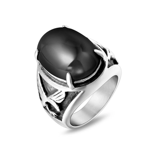 Men's vintage titanium steel ring with black onyx stone and eagle relief side design