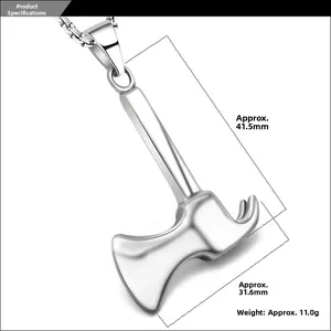 Detail view of polished steel axe pendant with measurements showing 41.5mm length