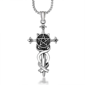 Gothic star sword cross pendant necklace in vintage silver stainless steel for men