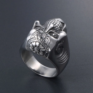 Gothic punk skull ring for men in silver titanium steel with 45-degree side view