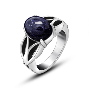 Vintage stainless steel ring with oval blue sandstone and leaf hollow design for women