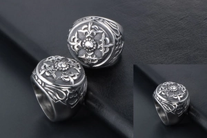 Macro de bague hip-hop en acier inoxydable avec relief gothique et finition vieillie