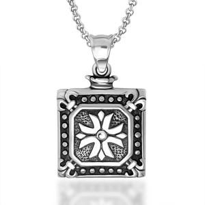 Vintage Square Titanium Steel Pendant Necklace Retro Embossed Cross Flower Pattern Punk Style Jewelry For Men Women