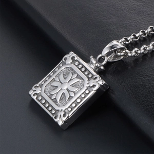 Minimalist square titanium steel pendant necklace with vintage floral relief on black leather