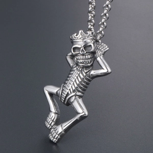 Men's gothic stainless steel skeleton pendant necklace with crown and O-link chain