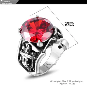 Spécifications de taille pour bague rétro en acier avec grand rubis rouge rond
