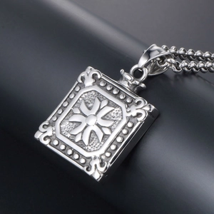 Square vintage titanium steel necklace with floral cross relief and ball chain