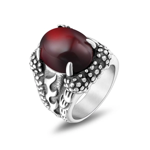Vintage Dragon Claw Ring For Men Titanium Steel Punk Gothic Ring With Red Black Rhinestone Oval Stone Gothic Jewelry Gift