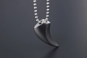 Détail d'un pendentif dent de loup en acier inoxydable argenté avec chaîne à billes chic