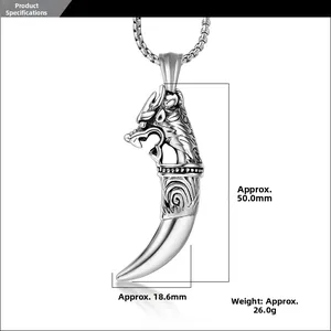 Macro detail of retro dragon head wolf fang pendant with precise measurements in millimeters