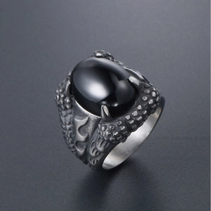 Gothic dragon claw ring with black oval gemstone in vintage stainless steel finish