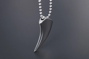 Gros plan sur le pendentif dent de loup poli avec une chaîne à billes en acier