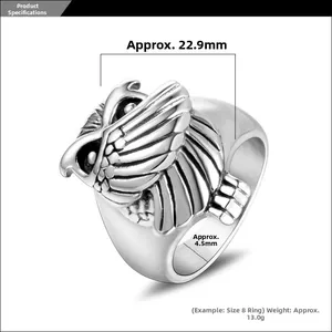 Vue détaillée montrant les dimensions et le poids de la bague hibou vintage