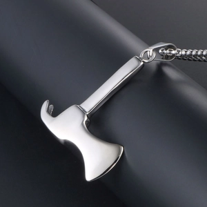 Polished silver axe pendant necklace in stainless steel for men with pearl chain