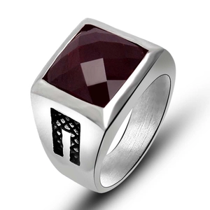 Vintage signet ring in silver stainless steel with a square red gemstone inlay