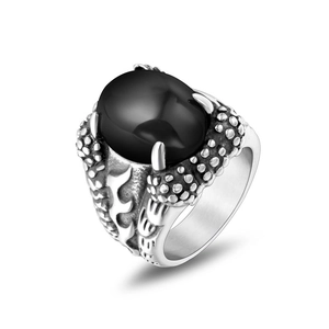 Men's retro dragon claw ring featuring a large oval black stone and punk scales