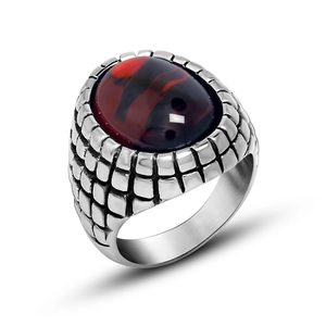 Retro mens stainless steel ring with red tiger eye oval stone and checkered engraving